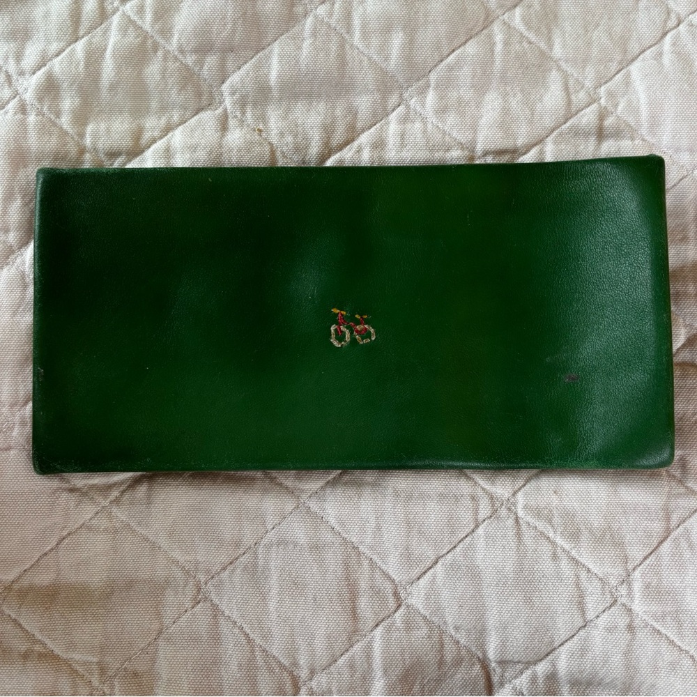Henry Cuir BARNEYS New York green leather pouch/wallet Bicycle Embroidery EUC